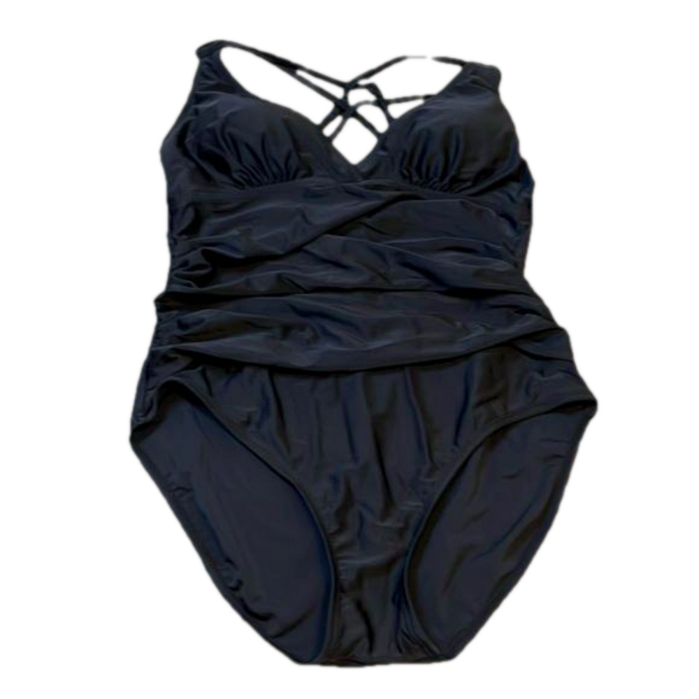 Black One Piece Bathing Suit Full Coverage Criss Cross Adjustable Straps Size M
